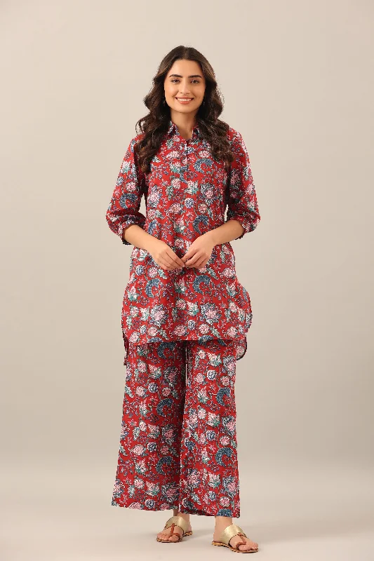 Floral Garden on Maroon Collared Smoked Sleeves Palazzo Loungewear Set