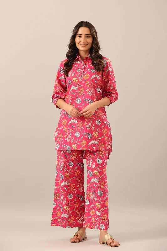 Floral Garden on Pink Collared Palazzo Loungewear Set