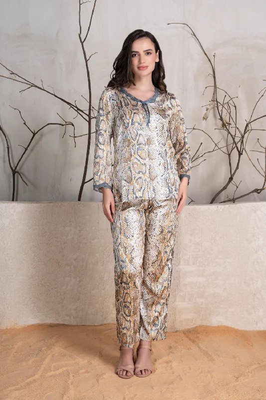 Leopard print Satin Night suit with lace detail