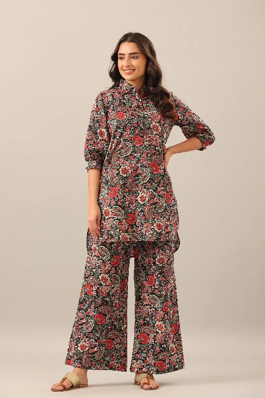 Paisley Park on Black Collared Smoked Sleeves Palazzo Loungewear Set